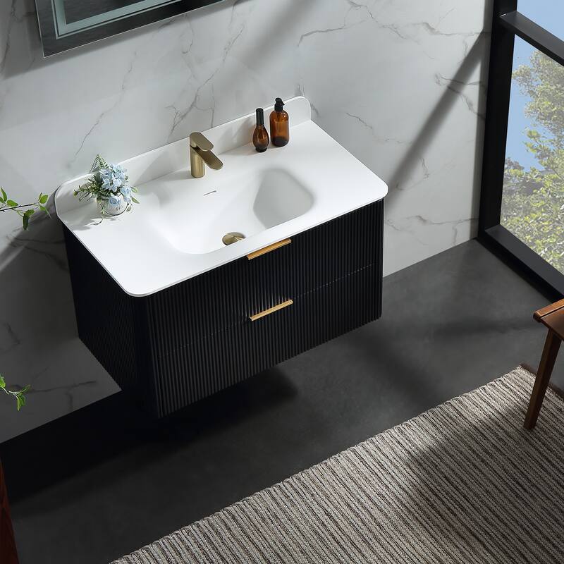 Modland Fluted Floating Vanity with Sink, Plywood Wall Mount Cabinet, Curved Edge, 24/30/36 Inch