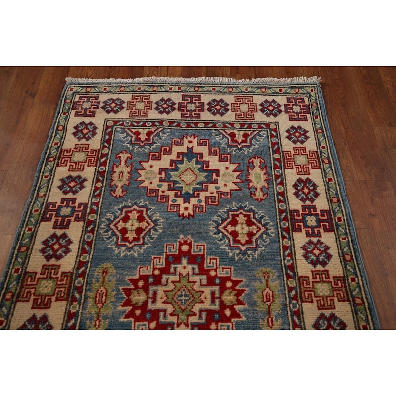 Blue Geometric Kazak Runner Rug Hand-Knotted Wool Carpet - 2'9" x 15'11"