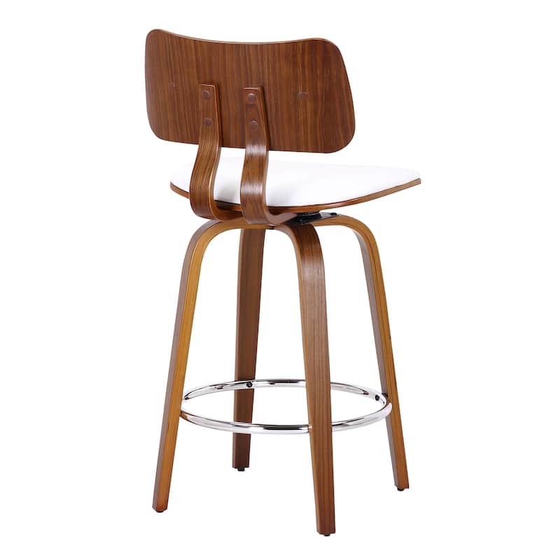 Mid-Century Faux Leather and Wood 26" Counter Stool with Swivel, Set of 4 - White and Walnut