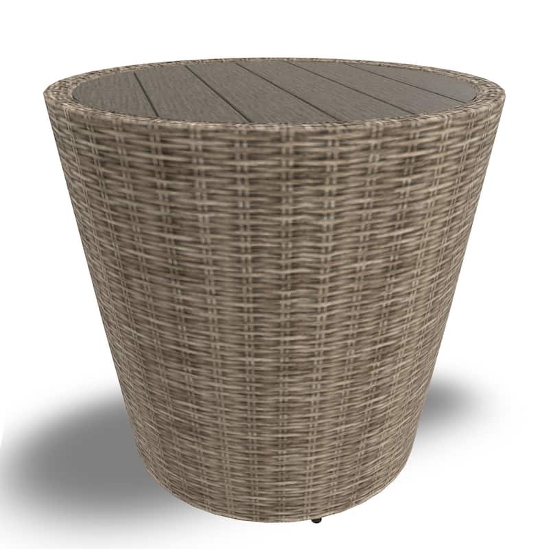 22 Inch Outdoor End Table, Round Shape, Handwoven Resin Wicker, Beige Brown
