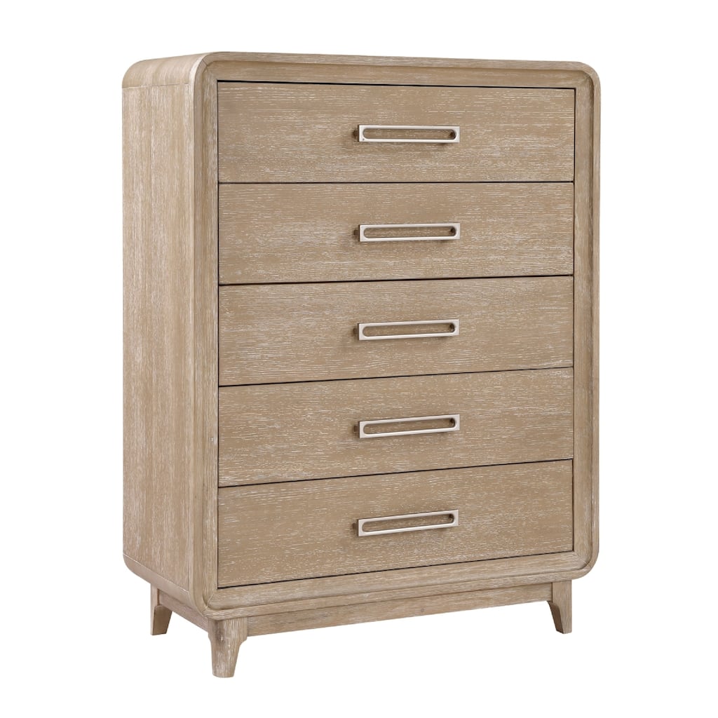 Wily Tall Dresser Chest, 5 Drawers with Nickel Bar Handles, Natural Brown