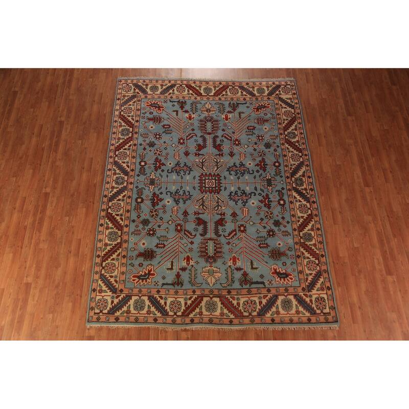 Light Blue Geometric Kazak Indian Area Rug Hand-Knotted Wool Carpet - 8'0"x 10'1"