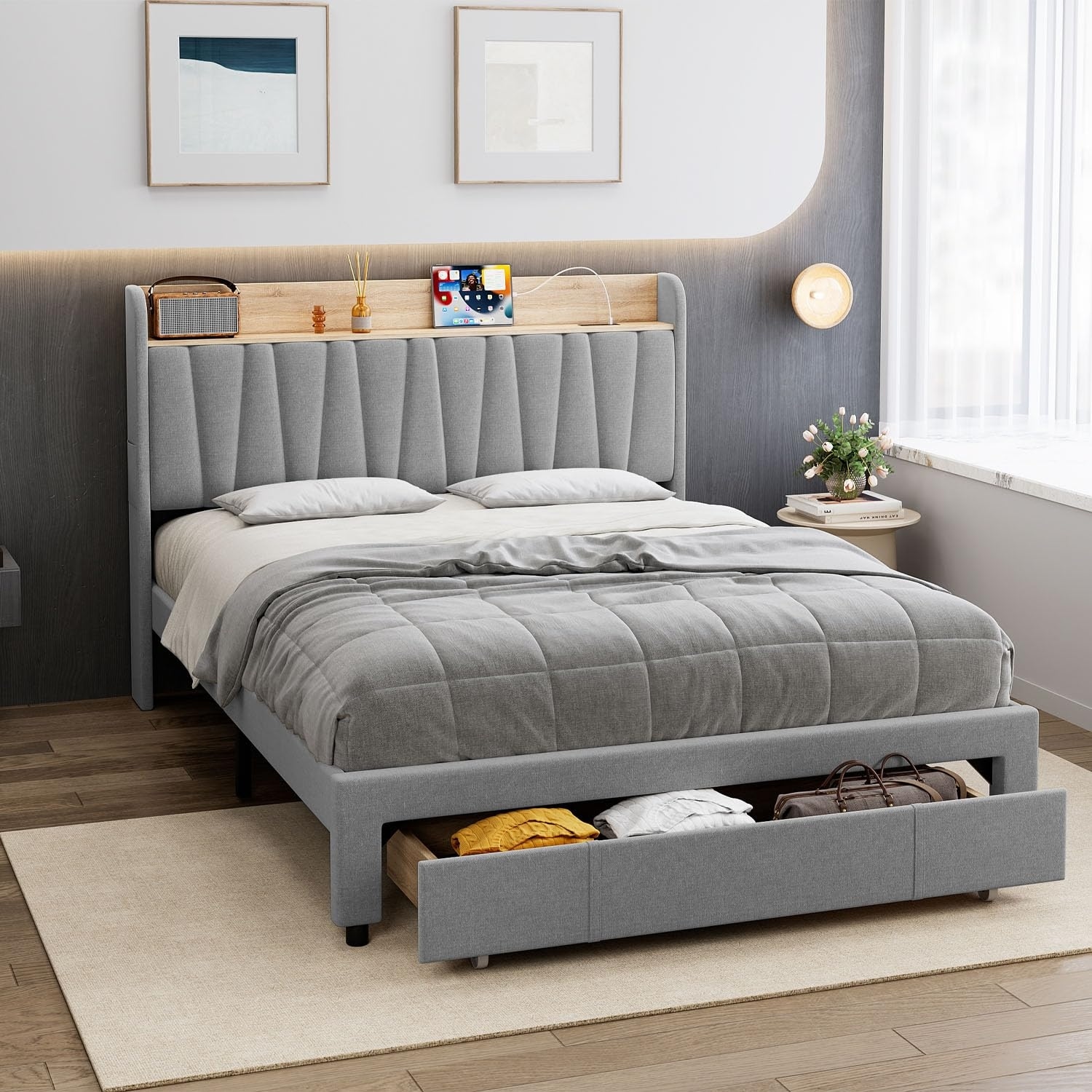 Full Size Bed Frame with Drawer, Upholstered Platform Bed Frame