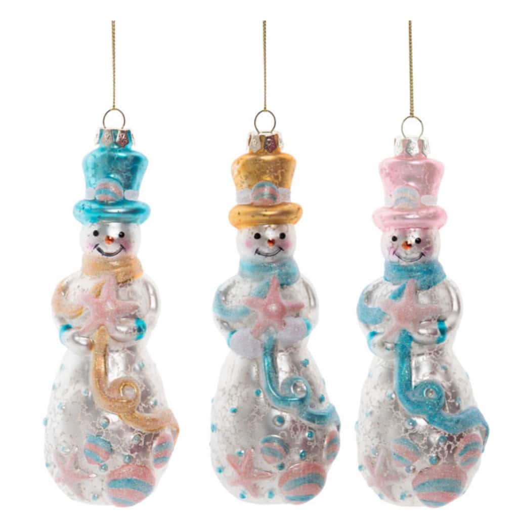 Transpac Glass Coastal Snowman Ornament Set of 3 Christmas Home Decorations - Multicolor