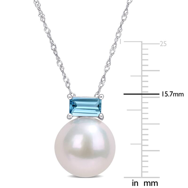 Miadora 10k White Gold Freshwater Cultured Pearl & London-Blue Topaz Solitaire Necklace (11-12mm) - 15.7 mm x 17 inch x 11.5 mm