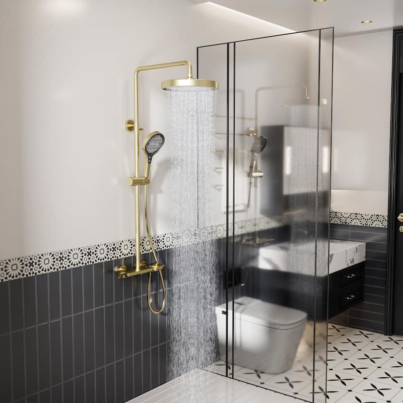 Modland 3-Function 11" Rainfall Shower System, Adjustable Slide Bar, 1.59GPM, Brushed Gold/Chrome