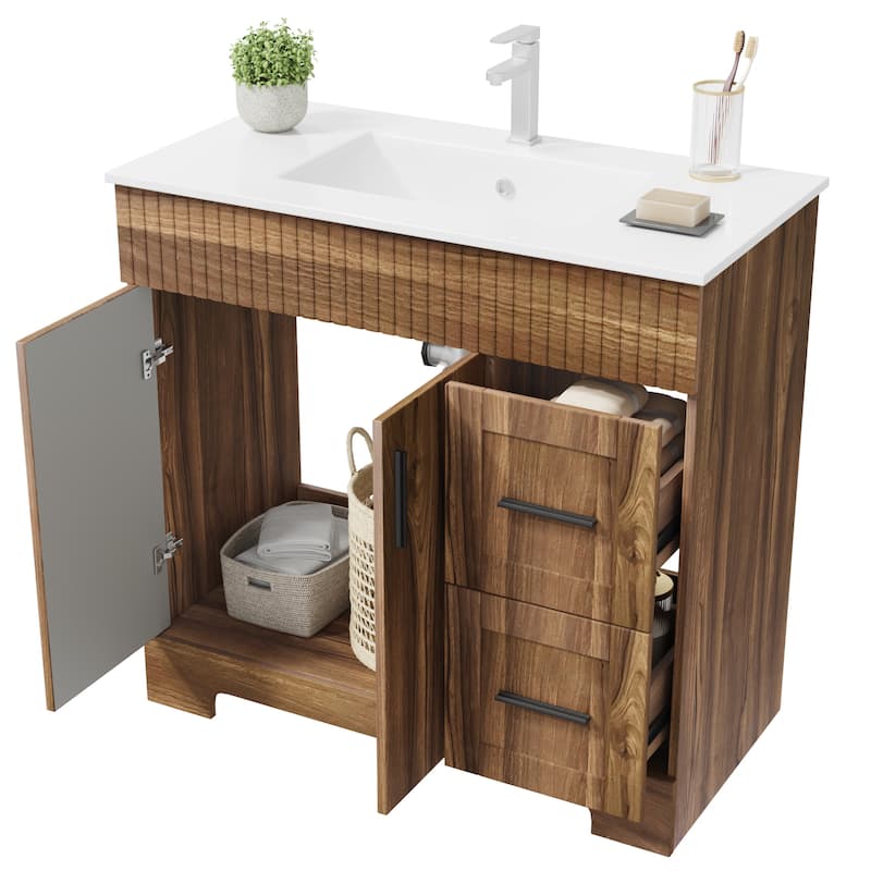 EROMMY Bathroom Vanity with Sink and Faucet, Freestanding Vanity Cabinet with Drawers & Doors, White Ceramic Top