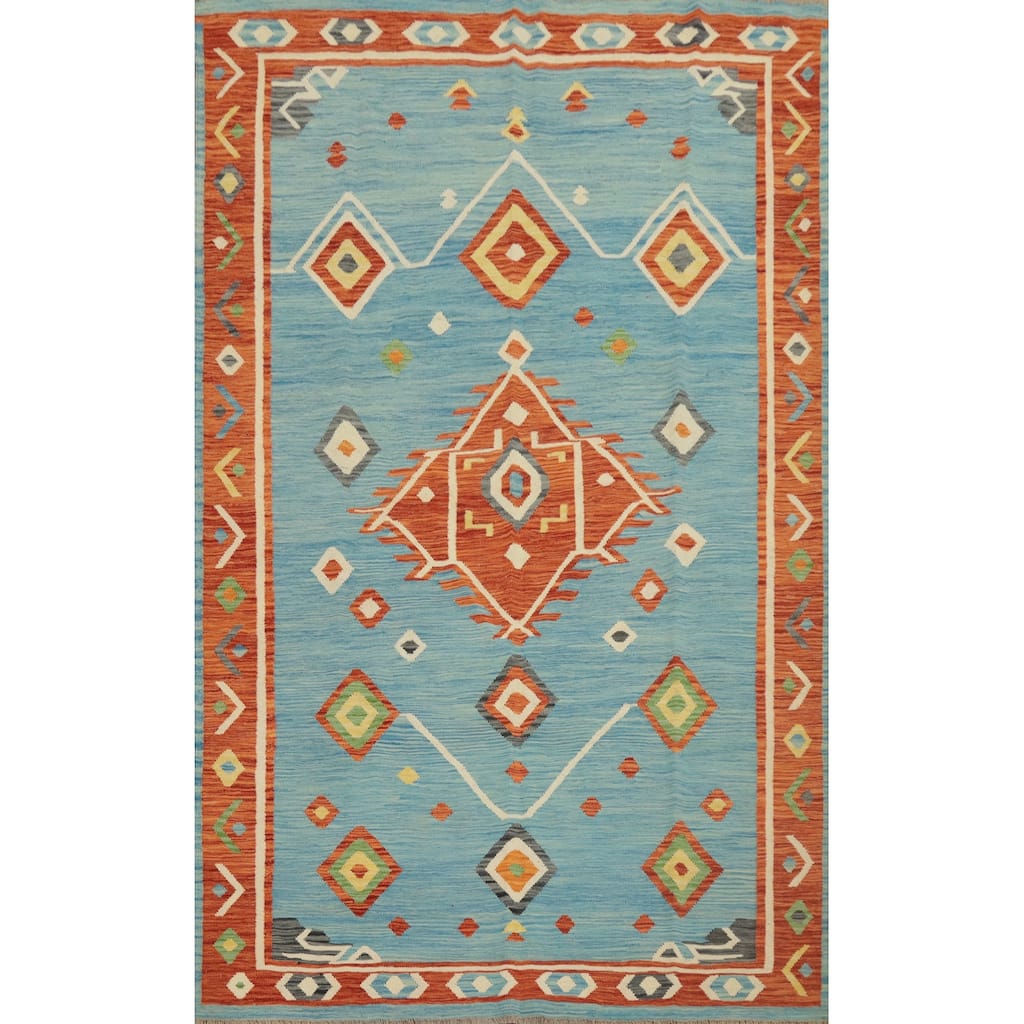 Hand Woven Oriental 100% Wool Carpet Southwestern Tribal Navy Blue & Blues Kilim Area Rug - 9' 6'' X 6' 6''