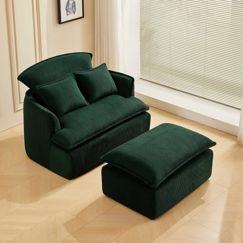 Green Corduroy Sofa with Foam Frame and Ottoman, Compact Modern Design - 47.24" x 35.43” x 37.4"