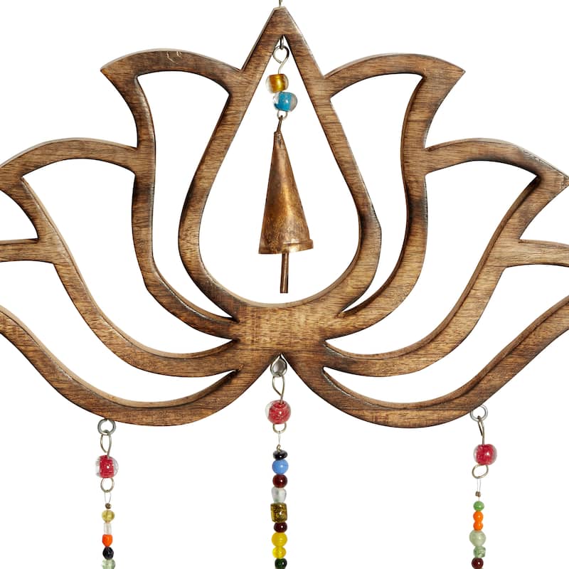 Brown Mango Wood Handmade Lotus Floral Indoor Outdoor Windchime with Glass Beads and Cone Bells