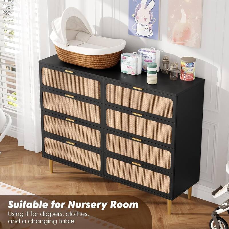 Rattan 8 Drawer Dressers TV Stand for Bedroom Living Room