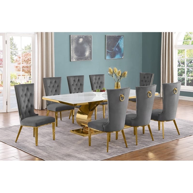 Best Quality Furniture D432/3-SC330-7 Dining Set with 87" White Marble Top - Dark Grey / Gold - 9-Piece