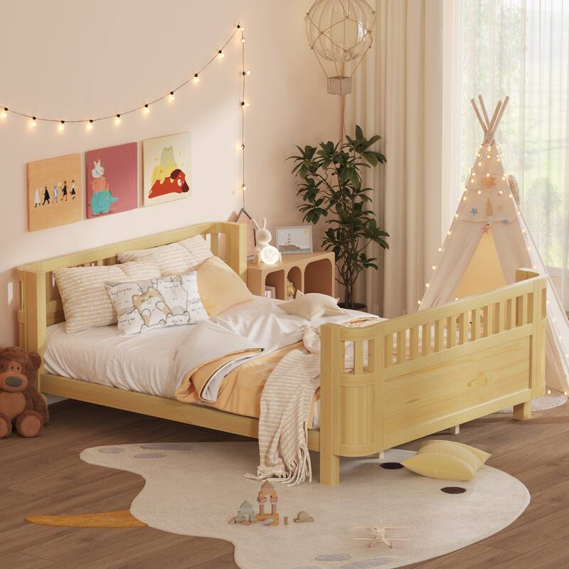 Roomfitters Queen Platform Bed, Low Profile Slatted Daybed with Wooden Frame and Removable Guardrails for Bedrooms