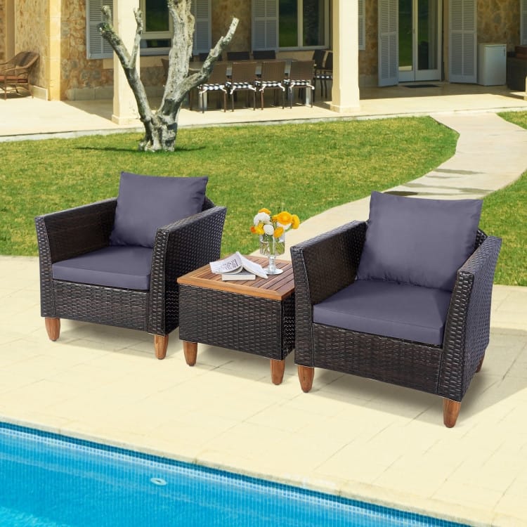 3 Pcs Outdoor Patio Rattan Furniture Set Wooden Table Top Cushioned Sofa - 29" x 27" x 28" (L x W x H)