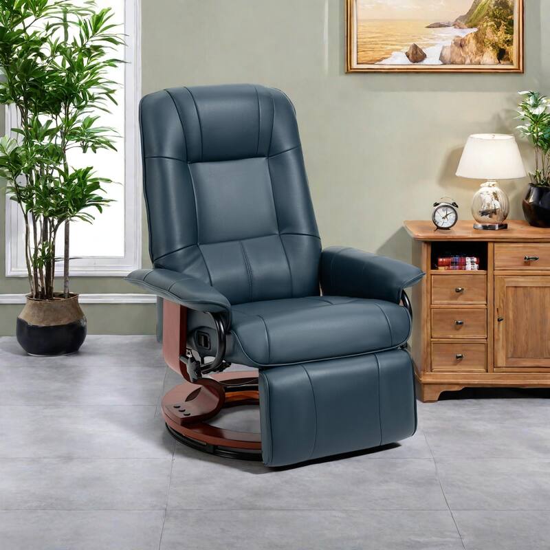 Faux Leather Manual Swivel Recliner Chair with Footrest, Armrest and Wrapped Wood Base - Blue