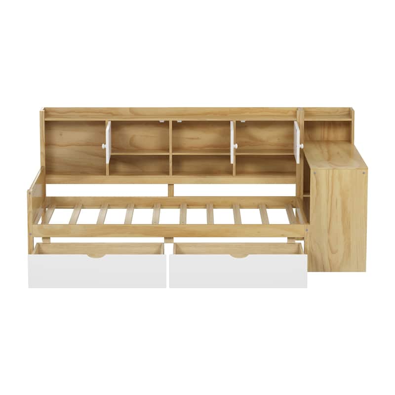 Full Size L-Shaped Daybed with Desk, Bookshelf, Cabinets & Drawers, Multi-Functional Wood Bed with Storage for Kids or Teens