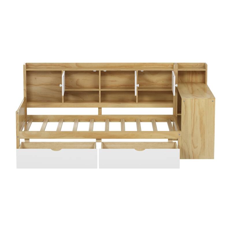 MDF Pine Loft Bed with L-Shape Design, Desk and Storage