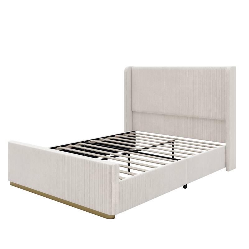 Vertical Stripe Wingback Bed Corduroy Upholstered Bed Frame with High Headboard, Low Profile Platform Bed Light Grey Frame Bed