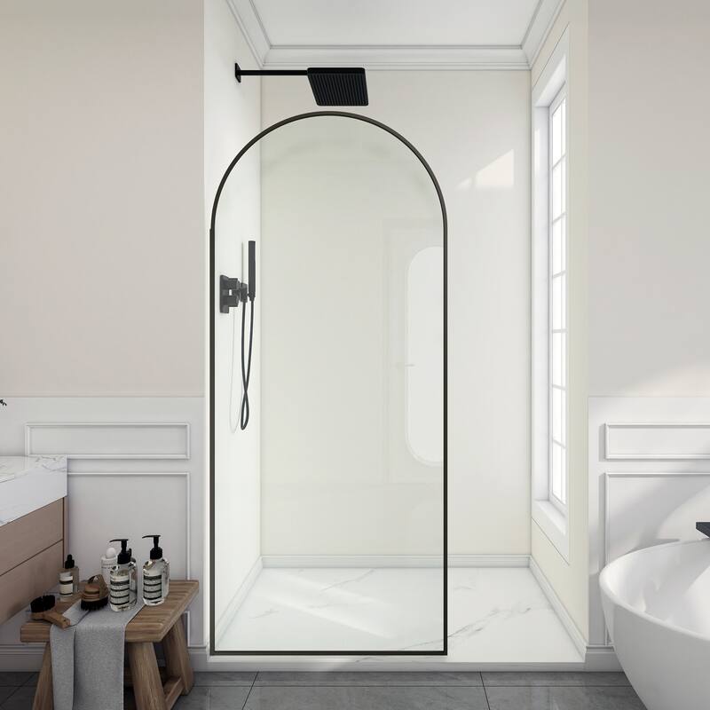 Ember Series 34 in. W x 78 in. H Fixed Framed Shower Door in Black, Gold or Nickel Finish with Clear or Fluted Glass
