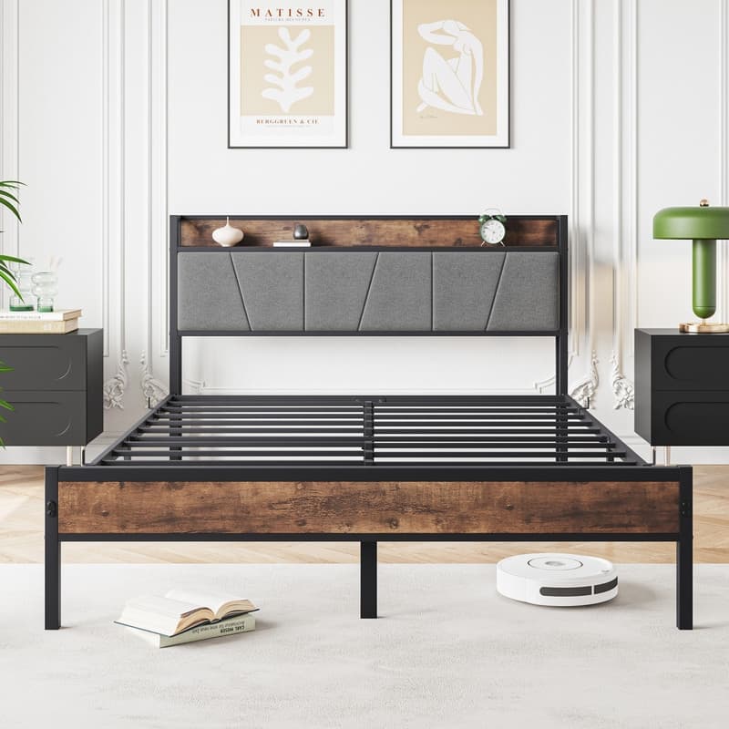 Metal&Wood Platform Bed with Storage Linen Headboard and Charging Station