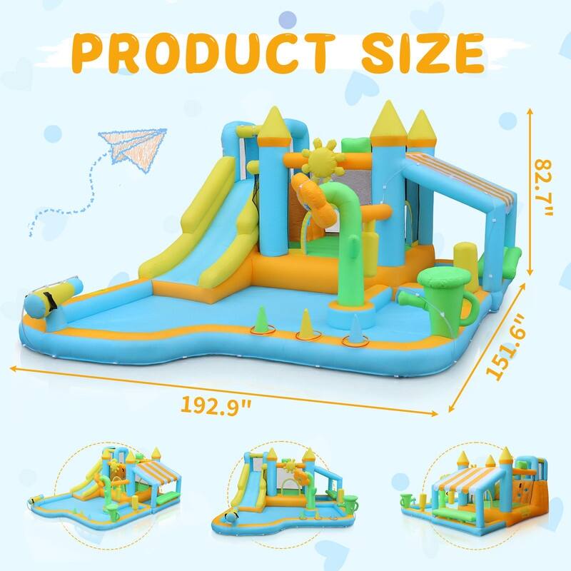 Oxford Cloth Inflatable Castle In Blue Garden Theme Bounce House With Slide, Trampoline And Playhouse - N/A