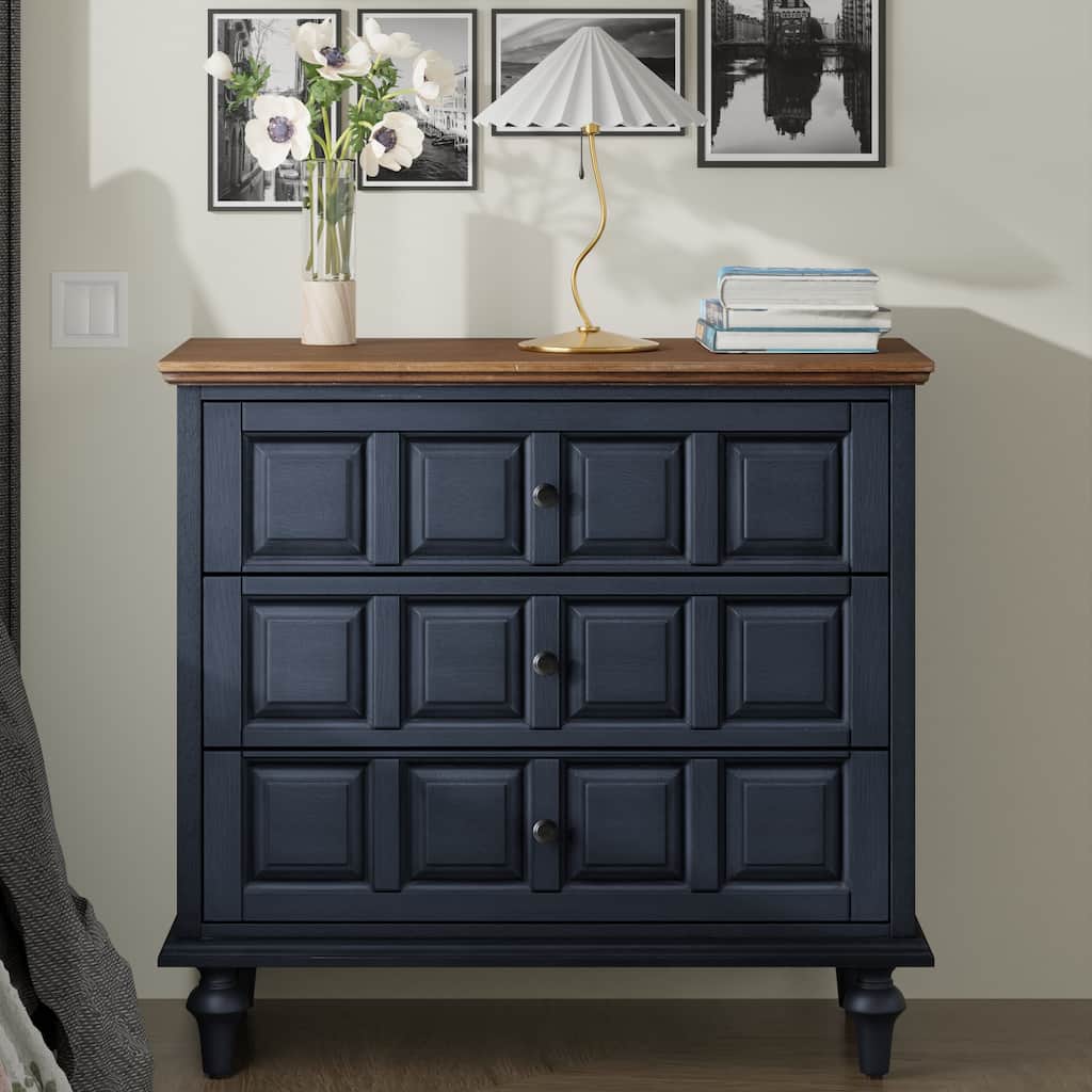 COZAYH Retro 3 Drawer Dresser with Plaid Pattern Front, Rustic Nightstand With Storage Chest For Bedroom, Living Room