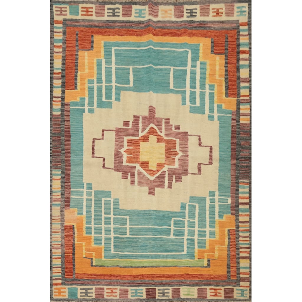 Hand Woven Oriental 100% Wool Carpet Southwestern Medallion Navy Blue & Blues Kilim Area Rug - 6' 9'' X 5' 0''