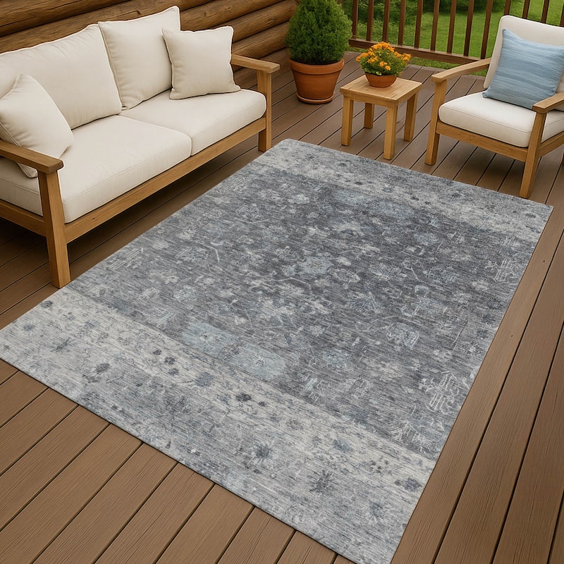 Machine Washable Indoor/ Outdoor Traditional Border Chantille Rug