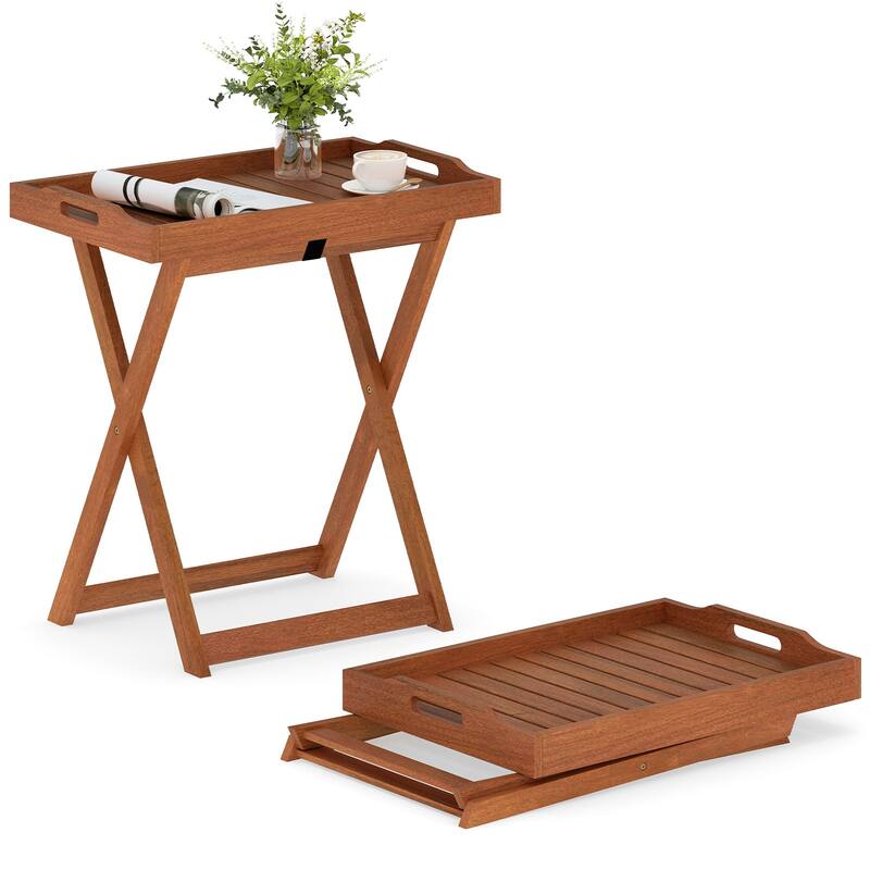 Gymax Patio Solid Wood Tray Table w/ Removable Top Rectangular TV Tray