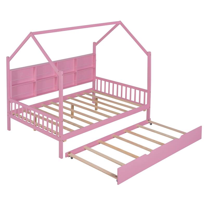 Pine Kids House Platform Bed with Trundle, Shelf, and Roof