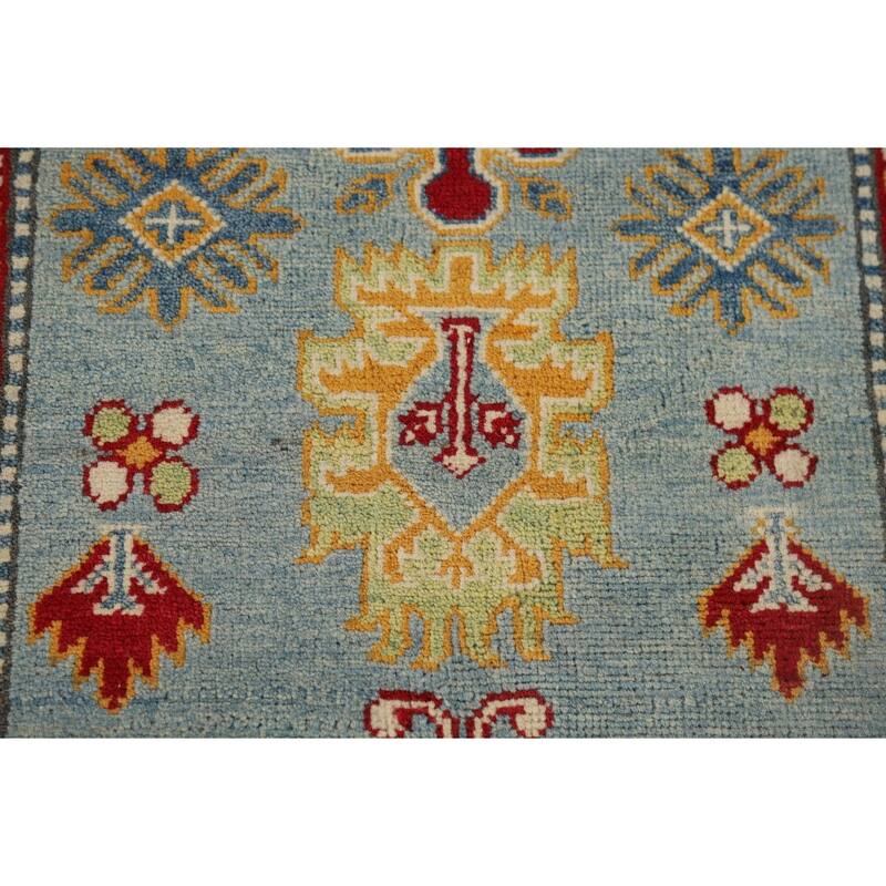 Light Blue Kazak Runner Rug Handmade Traditional Wool Carpet - 2'9" x 9'9"
