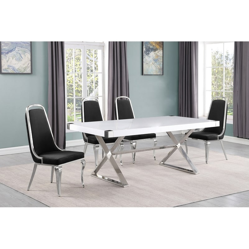 Best Quality Furniture D440/1-SC310-7 Dining Set with 78" White Lacquer Wood Top - 5-Piece - Black / Silver