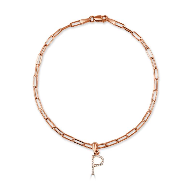 Joelle Collection Diamond Initial Letter A-Z Bracelet Paperclip 14K Gold 7" Chain 1/10 TDW Bracelet - P - Rose