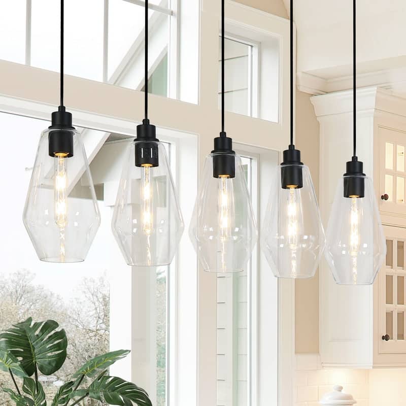 Modern Farmhouse 5-Light Black Linear Chandelier Glass Pendant or Kitchen Island Dining Room - L38" x H75.2" Max