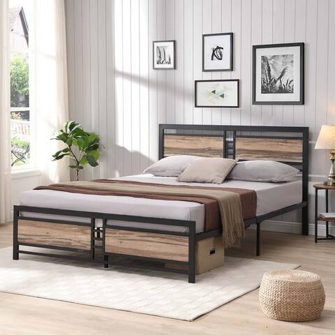 Queen Metal Platform Bed with Wood Headboard and Footboard