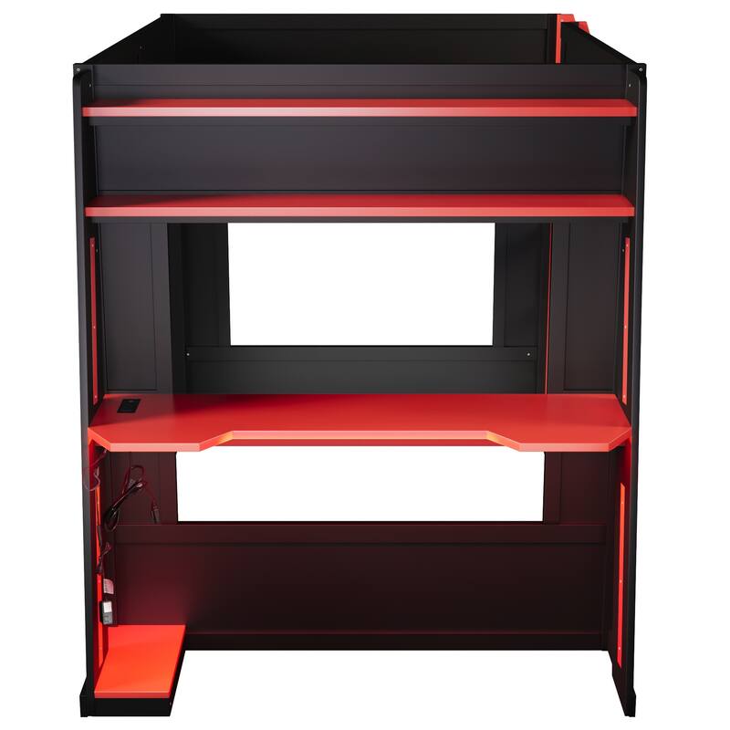 Gaming Bunk Bed with Computer Desk, Storage Shelves, USB Port and LED Strip Lighting, Esports Design, Wooden Gaming Bed