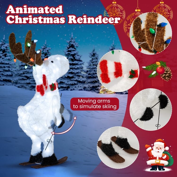 Multi-Color Fabric Metal Animated Christmas Reindeer with LED Lights and Skiing Arms - Multi Color - 24" x 16.5" x 44"