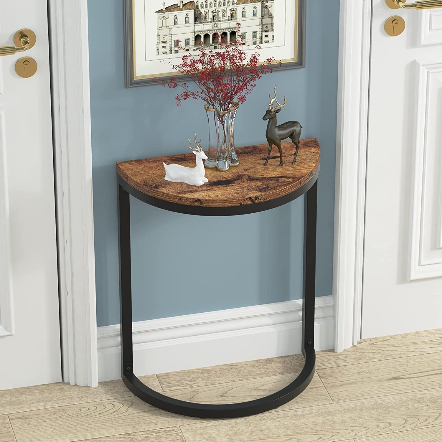 Half Round End Table, Narrow Side Table with Metal Frame