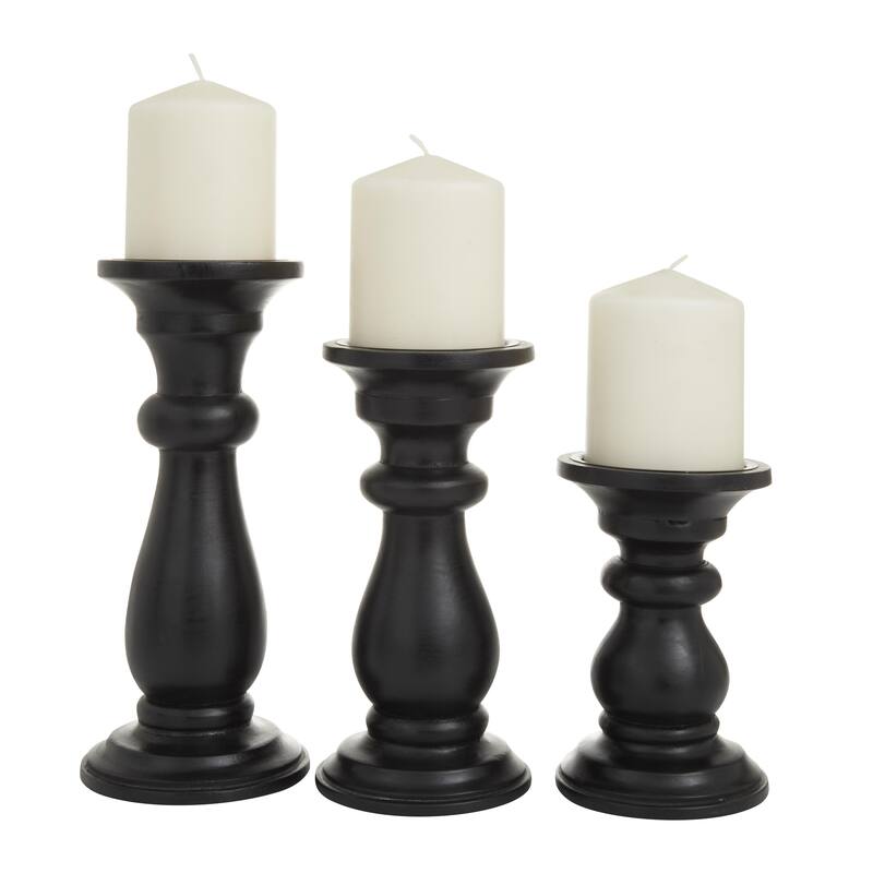 Mango Wood Turned Style Pillar Decorative Candle Holder - Set of 3 Gold, White, Black - Roche River Decor - Black - 10", 8", 6"H