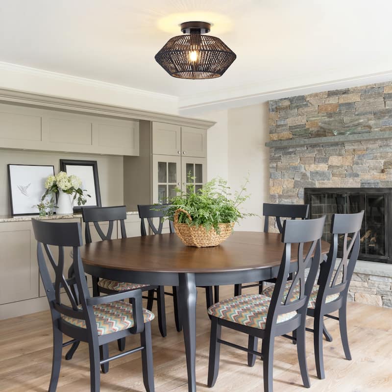 Modern Farmhouse Style Hand-Woven Rattan Semi Flush Mounts Light Fixture for Kitchen Living Room