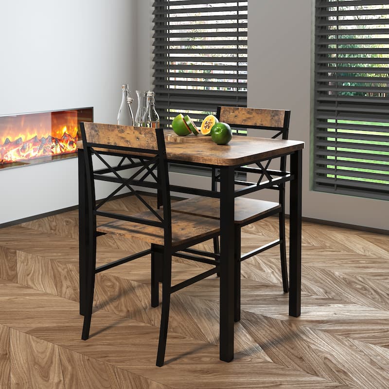 3 Piece Wooden Dining Table Set with Rectangular Dining Table and Dining Chair, Metal Legs for Kitchen Brown