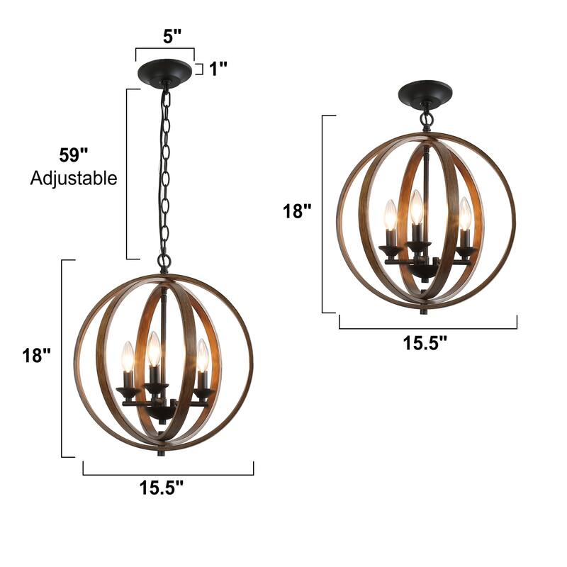 Farmhouse 3-Light Globe Wood Grain Chandelier for Dining Room Kitchen Island - W15.5"x H18"