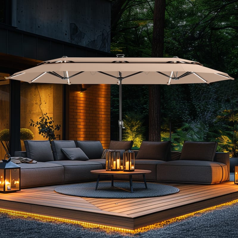 MAISON ARTS 13ft Double-Sided Outdoor Umbrella, 2-Tier Vented Market Umbrella with Colored Lights and Base - Beige-Lights