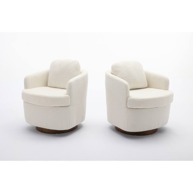Boucle Fabric Swivel Accent Chair With Soild Wood Round Brown Base Leg