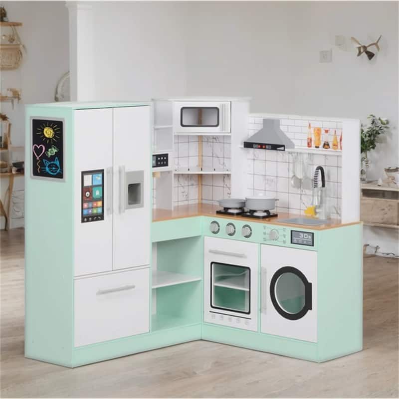 Kids Play Kitchen w/ Chalkboard,Range Hood,Stove,Refrigerator Microwave