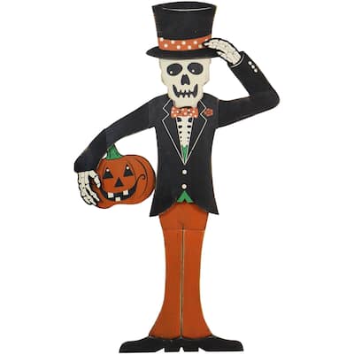 Haunted Hill Farm 46-In. Skeleton Holding a Carved Pumpkin Wood Yard Stake for Halloween Decoration