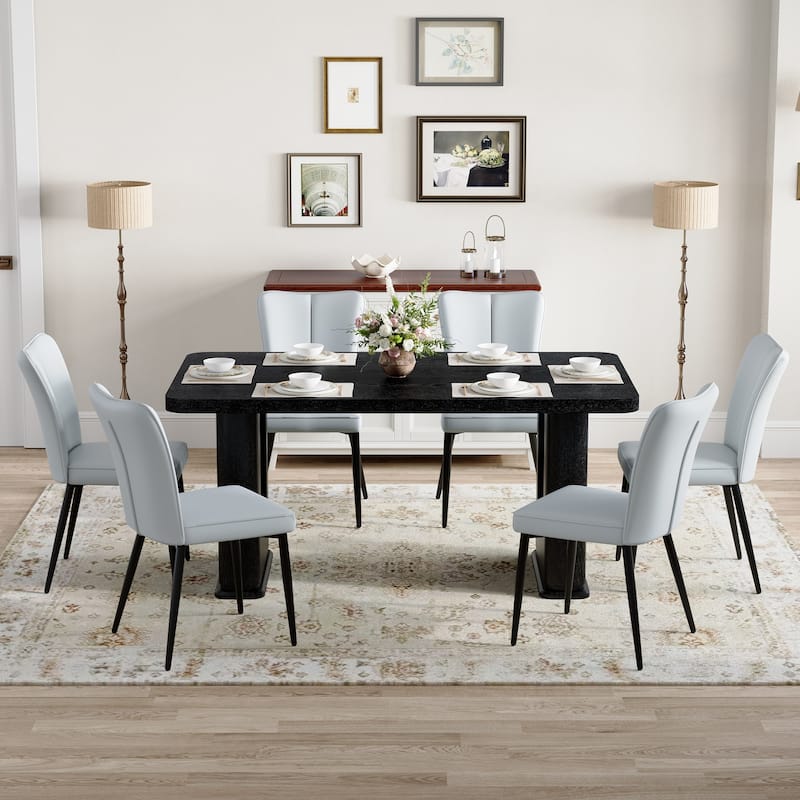 Dining Table Set for 6, Rectangular Dining Room Table Set for 6, Kitchen Table and 6 PU Chairs, 64" Wood Table Set with Textured