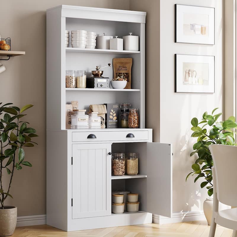 5-Tier Bookshelf, 70 Inch Tall Bookcase with 2 Doors and 1 Drawer, Modern Pantry Sideboard with Adjustable Shelf