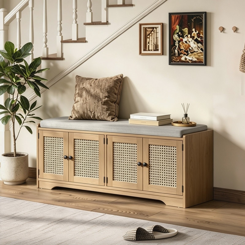 Rustic 47.4" Storage Bench Multifunctional Wooden Entryway Organizer with Removable Cushion and Rattan Doors