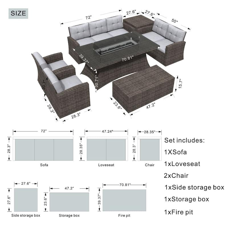Abrihome 7-piece Patio Outdoor Wicker Sofa Set with Fire Pit Table